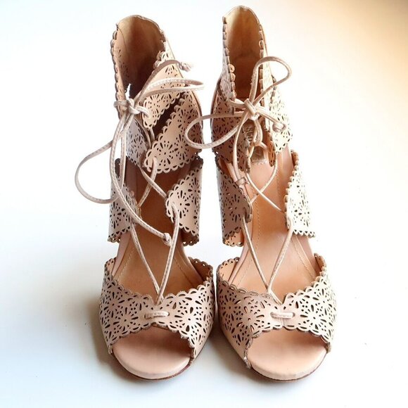 Schutz Tan Perforated Leather Heels Lace-up Peep Toe Summer Shoes Size 6.5 - Picture 13 of 16